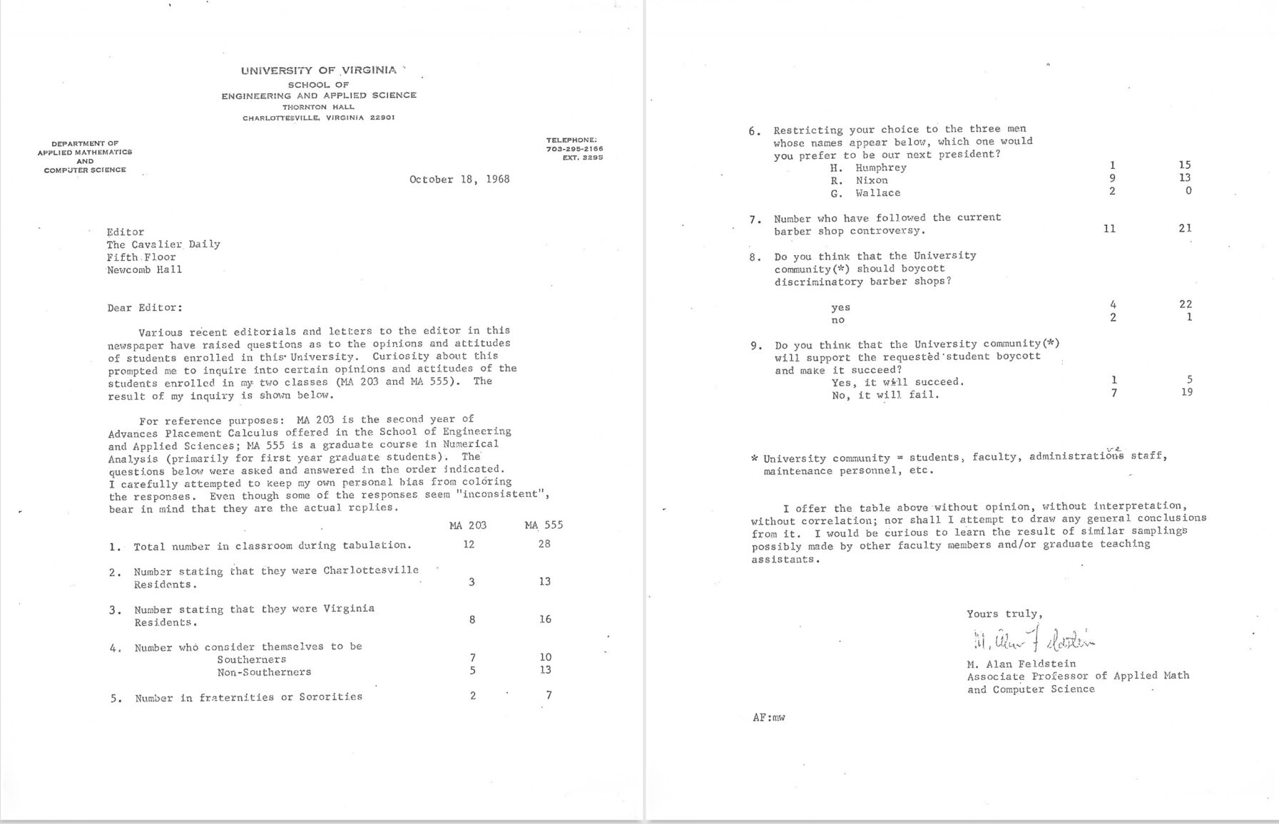 Feldstein Letter to Cavalier Daily